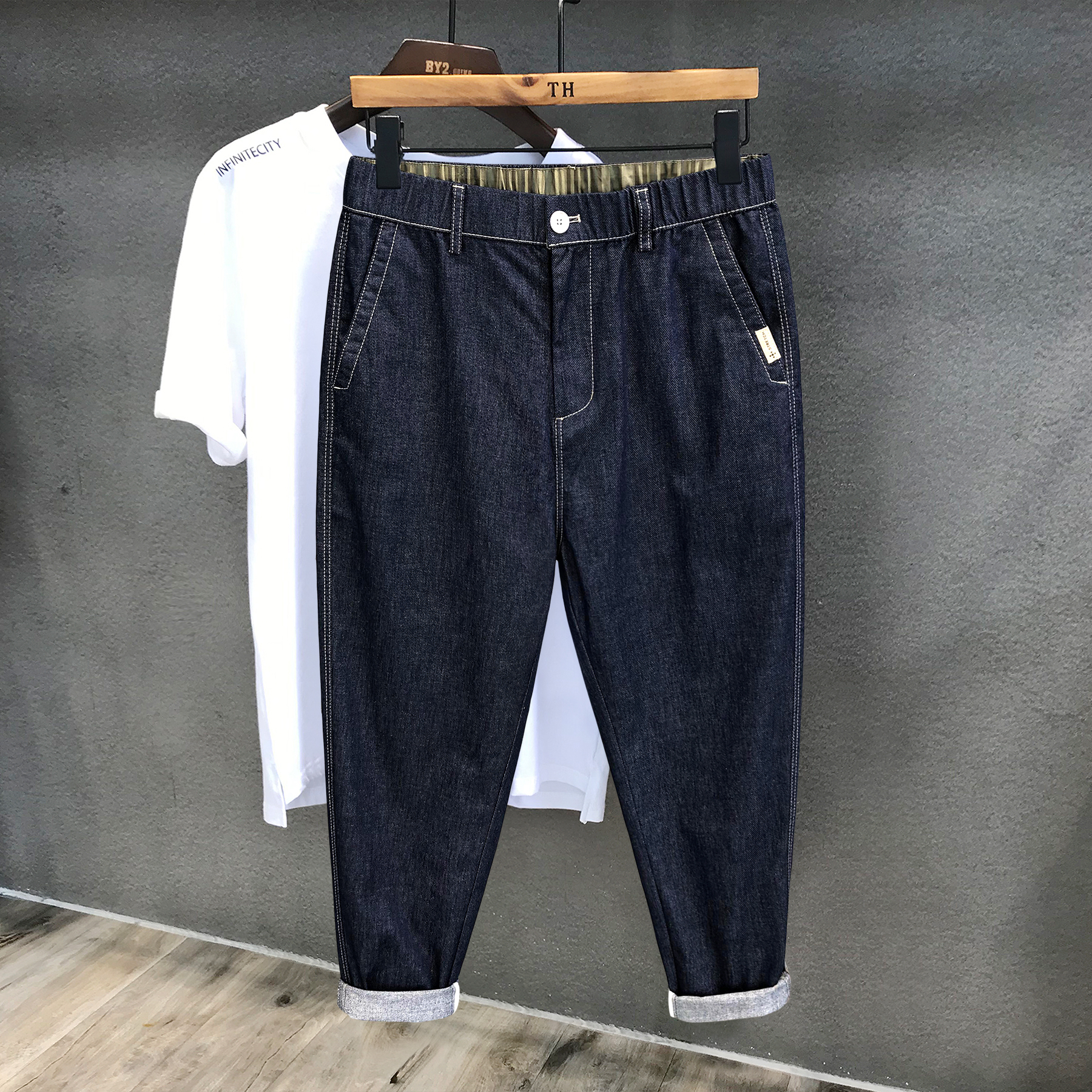 Demin经典普洗潮牌春季原色牛仔裤男士九分裤宽松锥形小脚裤长裤