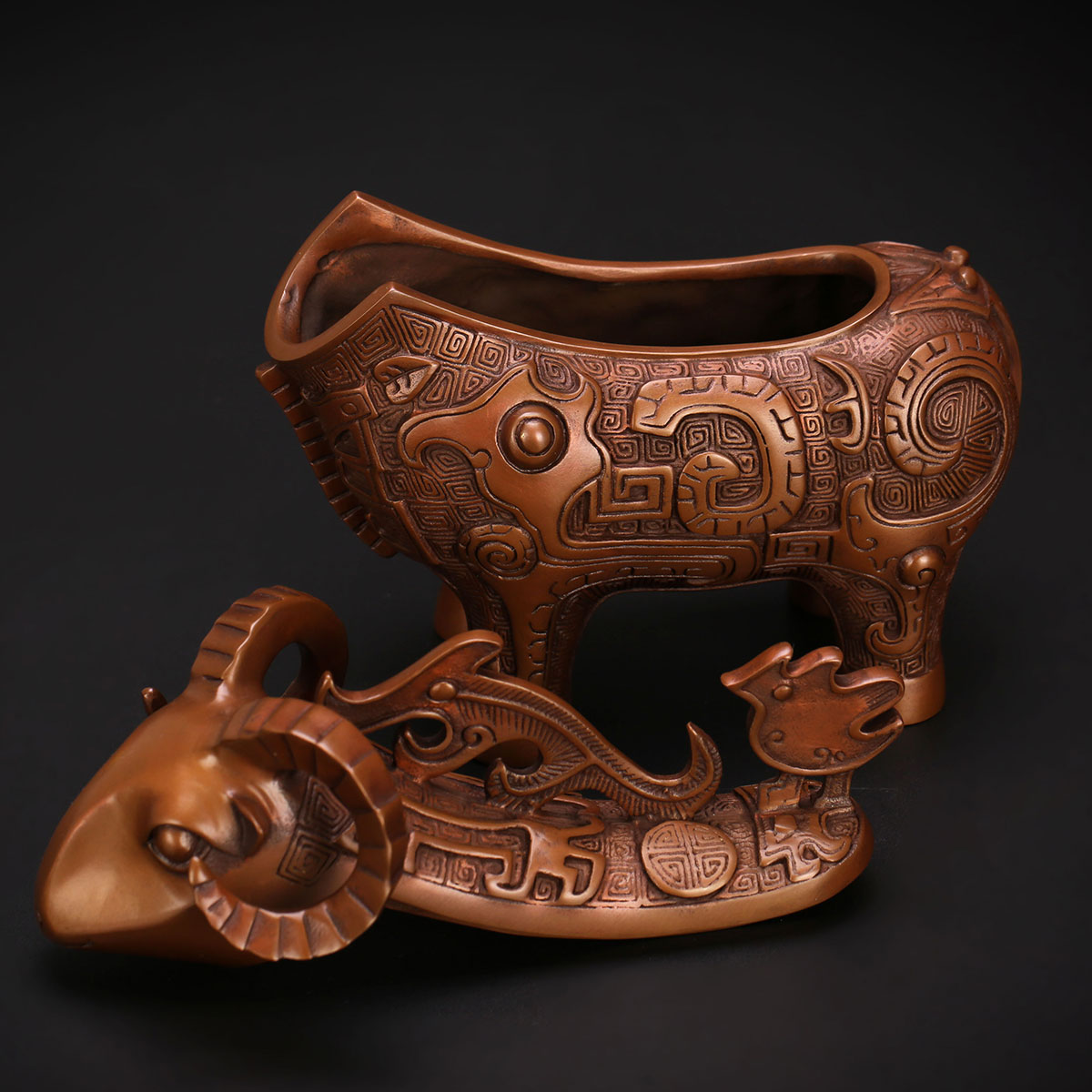 匠泽铜魂纯紫紫铜羊觥绵羊羊尊风水摆件仿古摆件