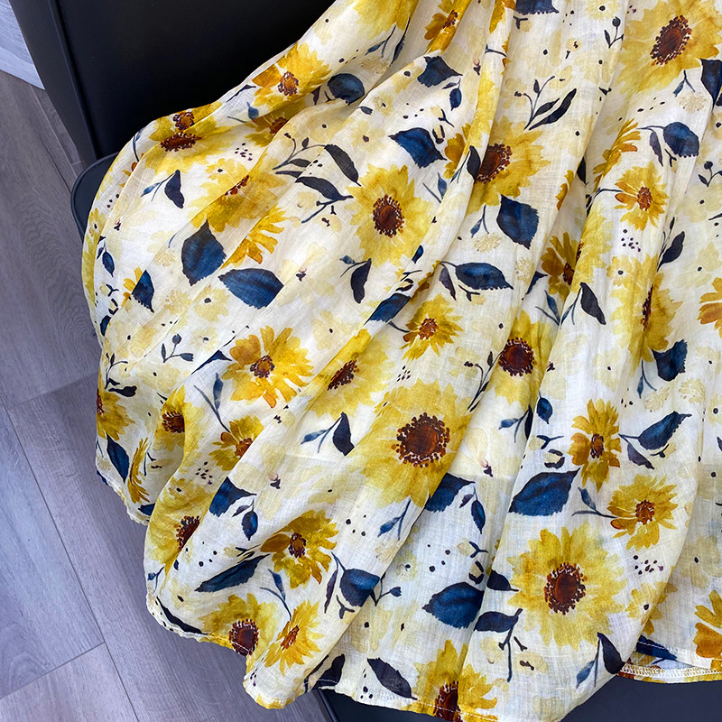 定制向日葵印花高腰半身仙女薄款中长碎花裙子半身裙