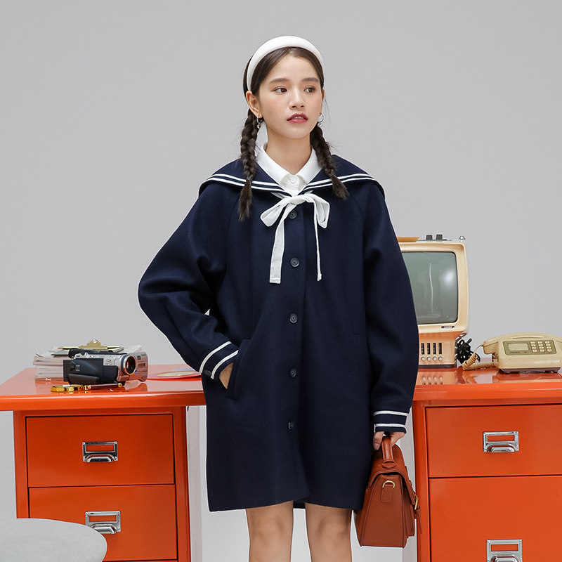 毛呢外套秋冬加棉呢子冬季日系中长款海军风毛呢外套