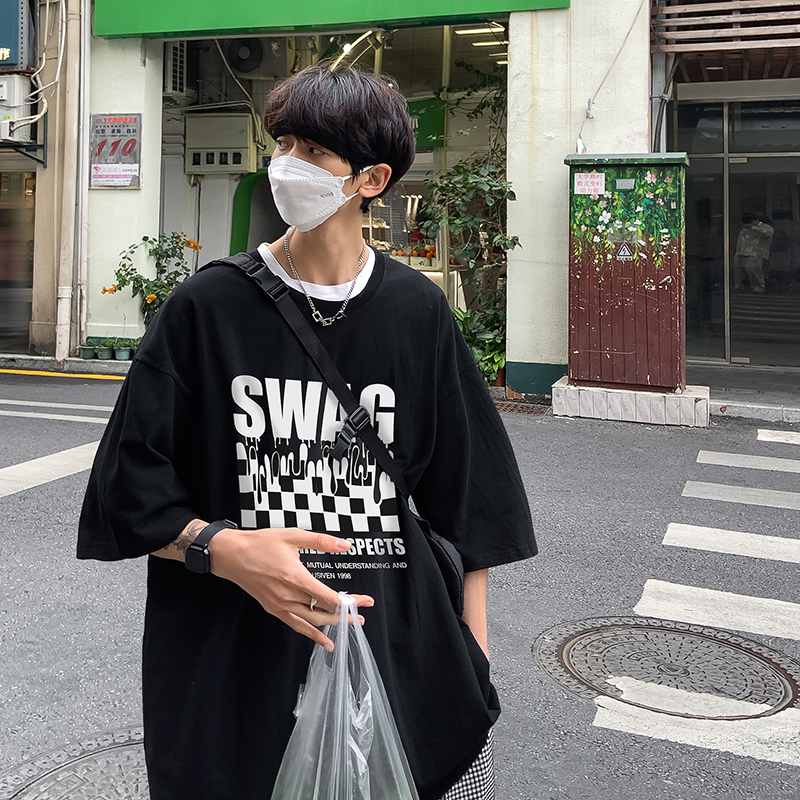 棋盘格短袖t恤男夏季ins潮牌宽松半袖上衣设计感小众潮流百搭衣服