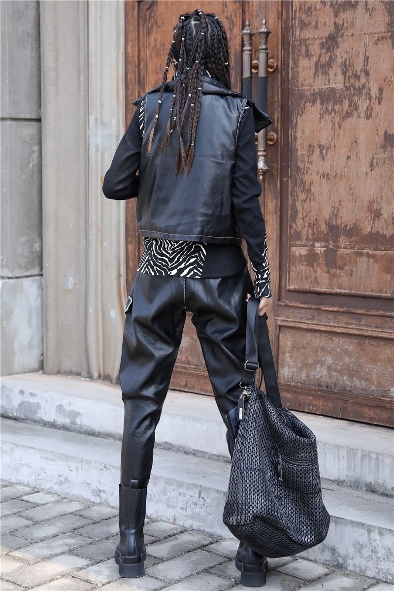 欧货时尚爆款潮装个性女装酷皮马甲皮裤冬季时尚套装