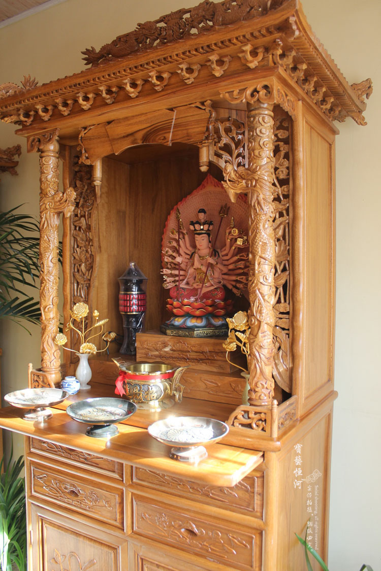 经济型简易现代财神神雕花香樟木双龙屋顶佛龛佛柜