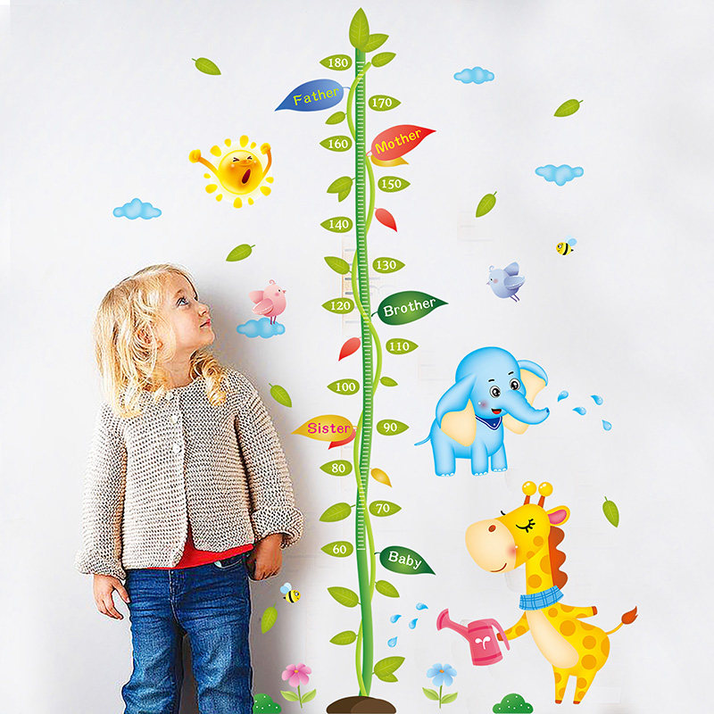 贴纸卡通成长树苗身高可爱动物装饰墙贴