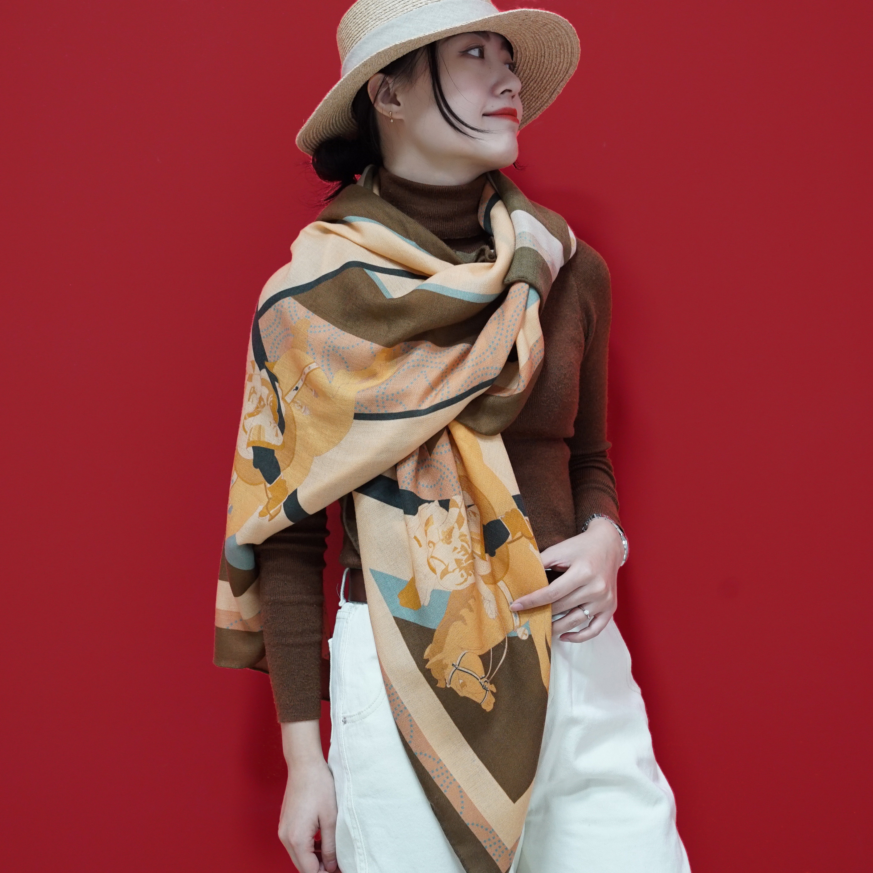 山羊绒手工围巾披肩丝绒方巾大方真丝东方优语条纹围巾