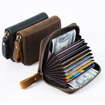 Cowhide organ slot card holder bag zipper with 11 ຊ່ອງບັດເອກະລາດ Crazy horse bank holder card storage anti-theft rfid brush