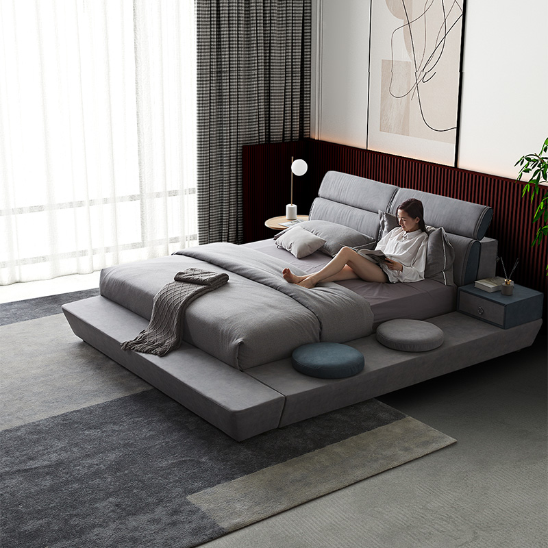双虎榻榻米落地床意式极简主1.5m1.8双人软包科技布艺床
