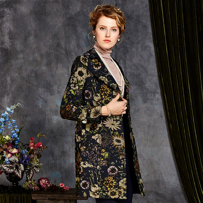 moreline沐兰女装针织名媛淑女修身清新印花中长风衣