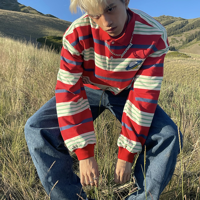 MamaHasGun美式加州复古条纹星球刺绣Mid90s长袖针织宽松polo卫衣