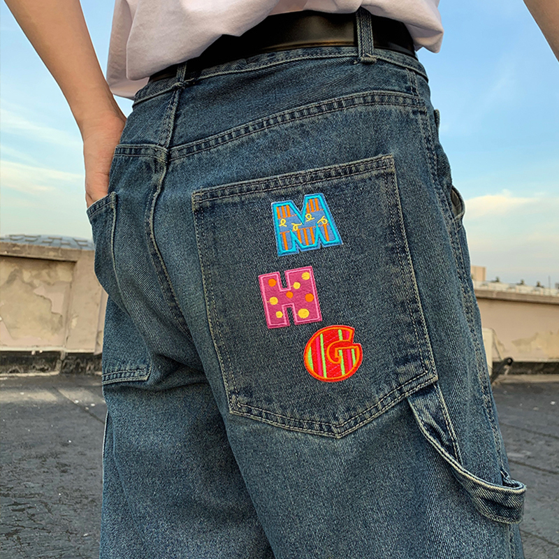 MHG夏款20原创加州高街风水洗贴布刺绣小众撞色宽松牛仔长裤