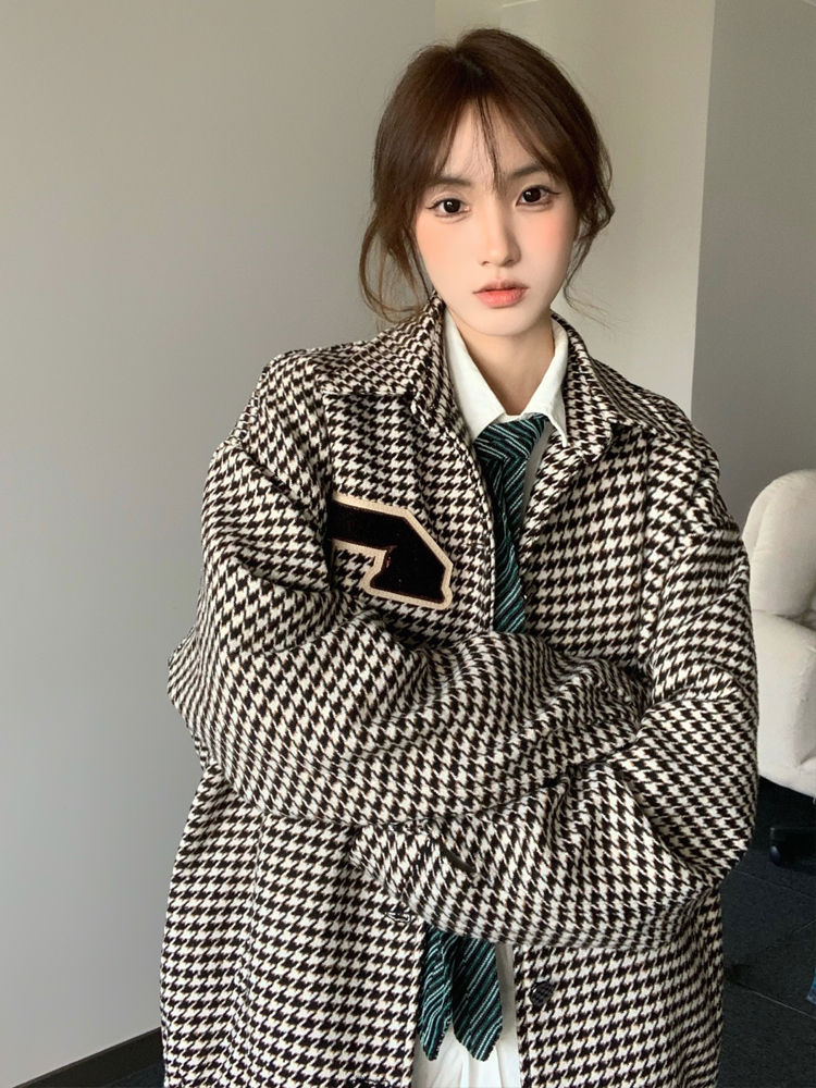 韩版ins复古千鸟格毛呢外套男女 春季oversize休闲宽松情侣装夹克