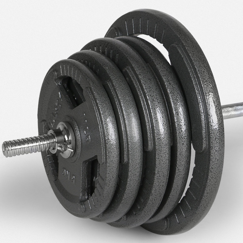 烤漆杠铃套装男士家用举重健身器材30/40/50kg三孔手抓片喷漆杠铃