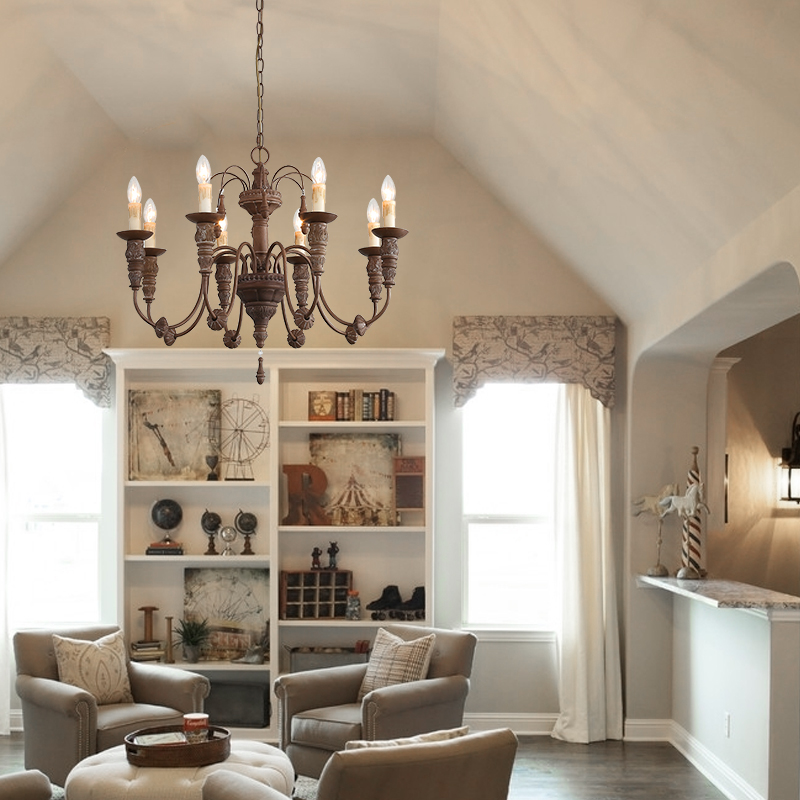 吊灯美式复古别墅复式楼咖啡厅灯饰雕刻木头仿古客厅吊灯