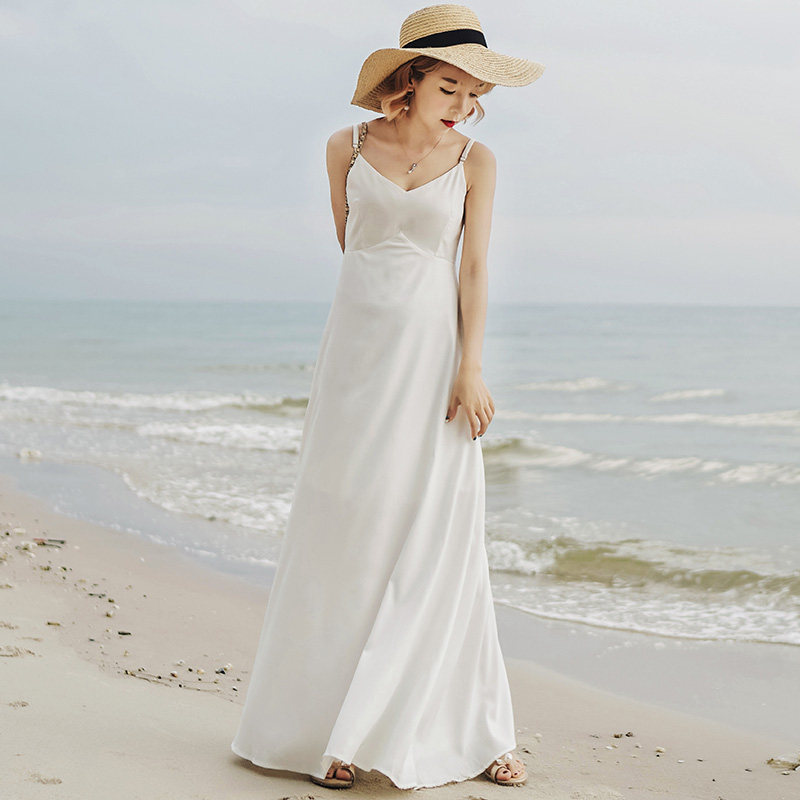 白色沙滩显瘦度假长裙吊带连衣裙性感雪纺露背连衣裙