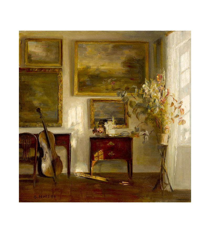 卡尔霍尔房间女人大提琴复古简约正方形油画画布油画