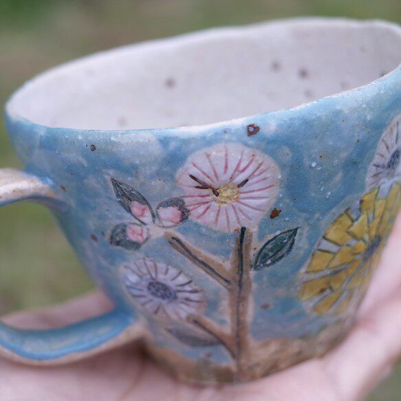 现货日本作家手绘彩绘花朵花海花田手工陶瓷马克杯