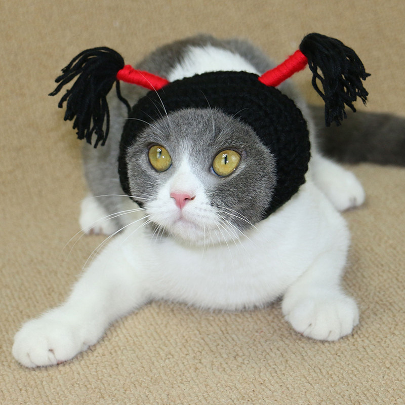 帽子手工猫咪头饰黑妞小辫子猫帽抖音搞笑宠物帽子