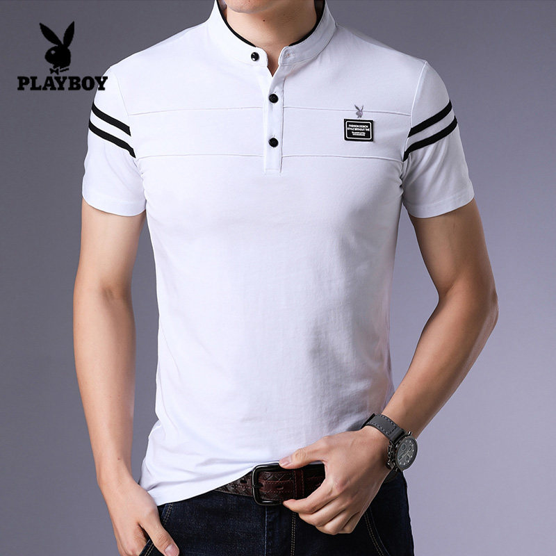 休闲花花公子立领短袖男士纯棉恤韩版修身潮流半袖t恤