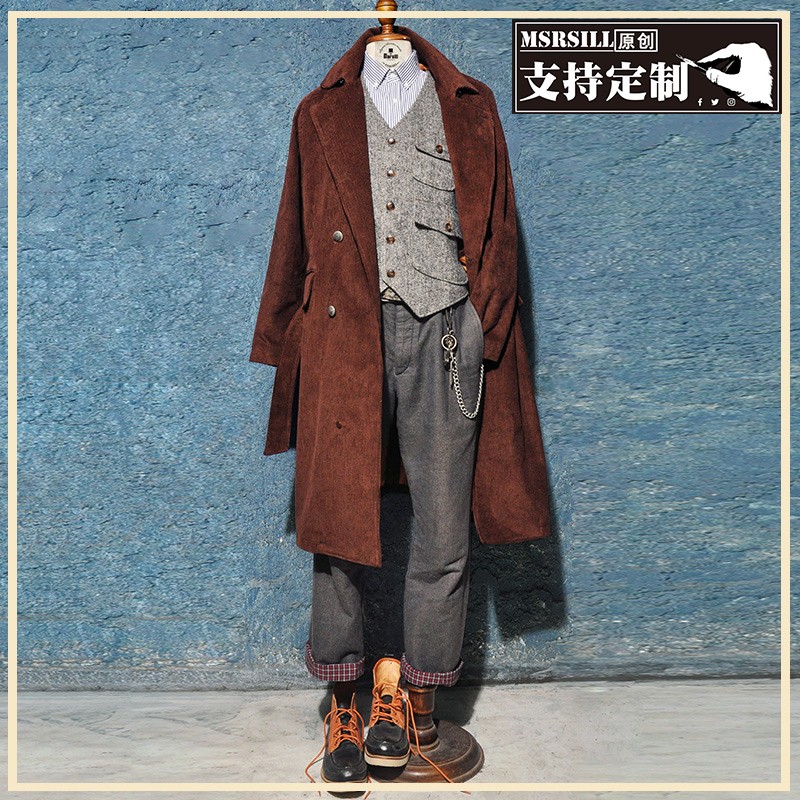 马熙英伦复古灯芯绒风衣男中长款宽松外套日系双排扣春季新款大衣