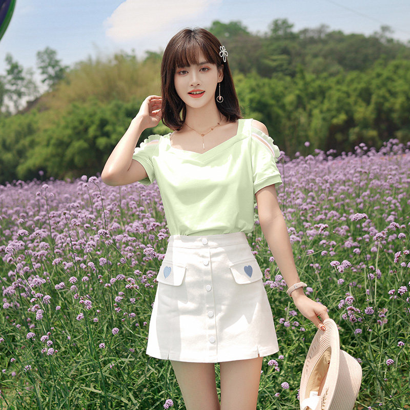 atar短裤白色恤配上衣露肩网红性感短袖夏女时尚套装