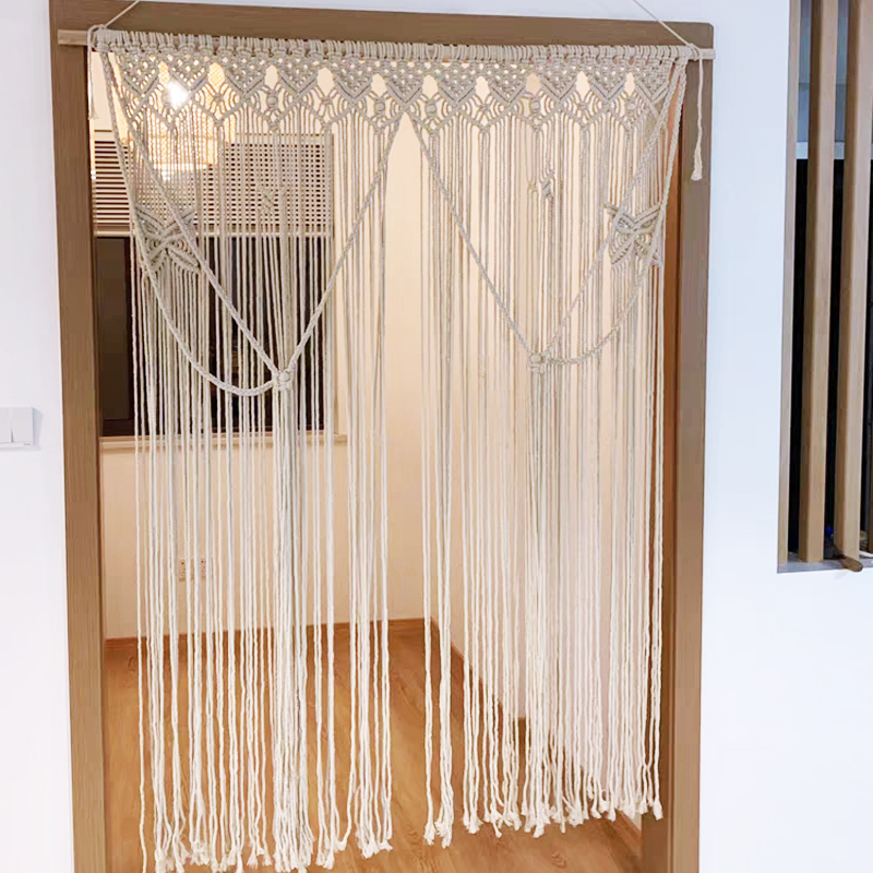 简约北欧ins风手工编织门帘棉绳隔断帘免打孔阳台装饰帘流苏线帘