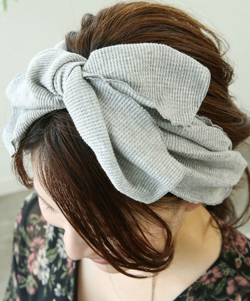 现货包邮日本代购queite华夫饼纹交叉蝴蝶结头巾发饰