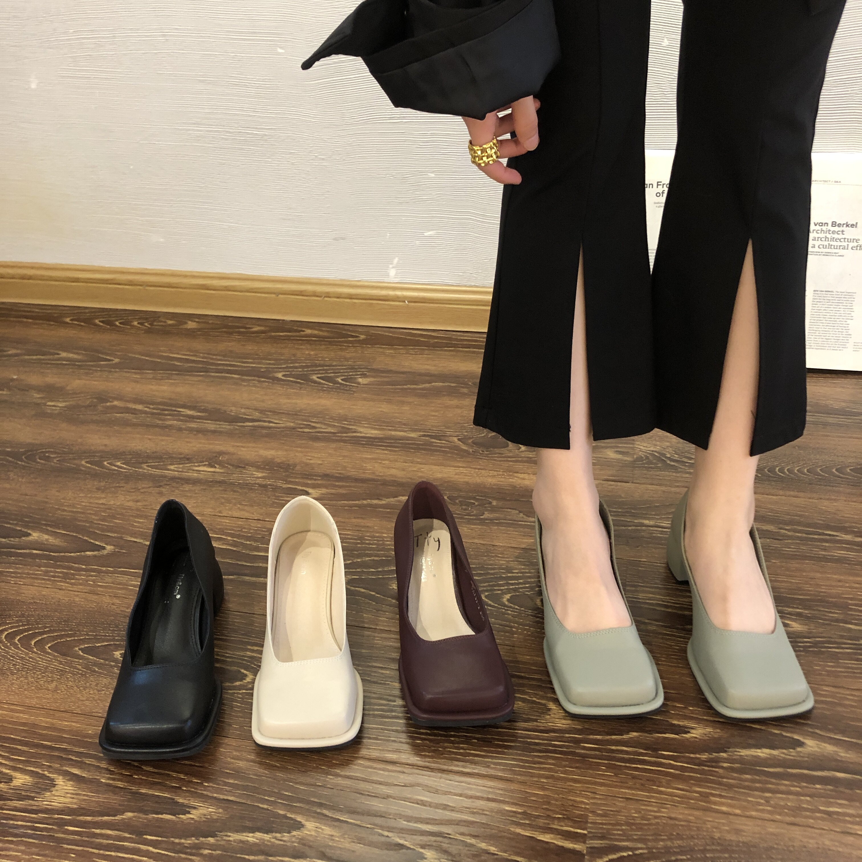 2022法式春款方头浅口高跟皮鞋厚底圆跟复古玛丽珍单鞋