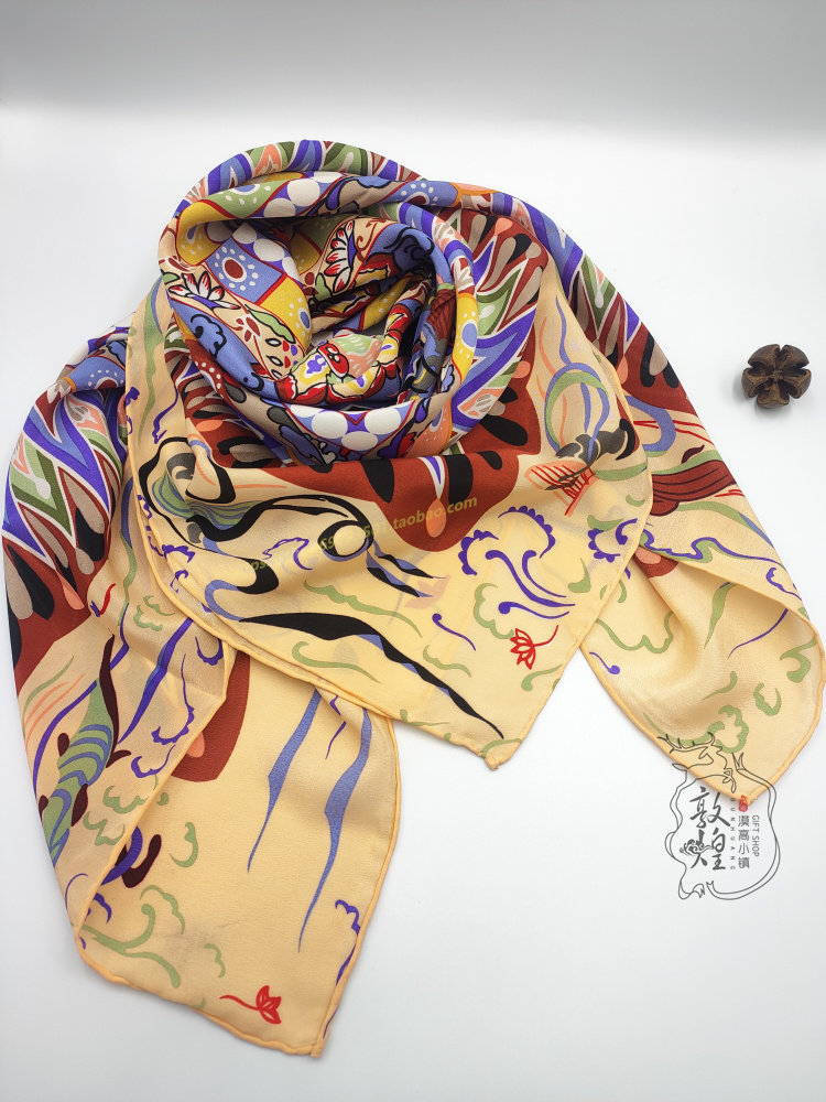 敦煌壁画画艺术丝巾飞天三兔莲花藻井双绉卷边围巾