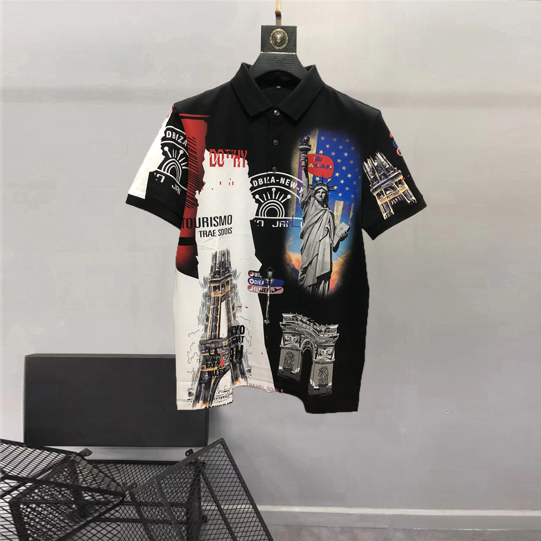 欧洲站夏季短袖Polo衫男士个性图案印花纹潮牌休闲修身半袖恤时尚