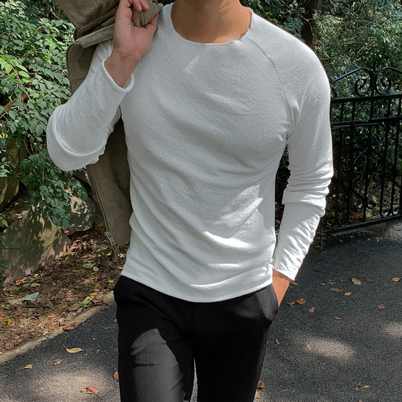 【支持退换】韩国代购插肩袖纯色圆领修身休闲打底长袖t恤男ST115