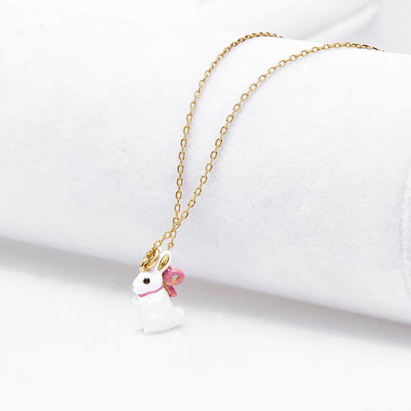 珐琅兔子项链可爱蝴蝶结白兔锁骨银链不掉掉色项链