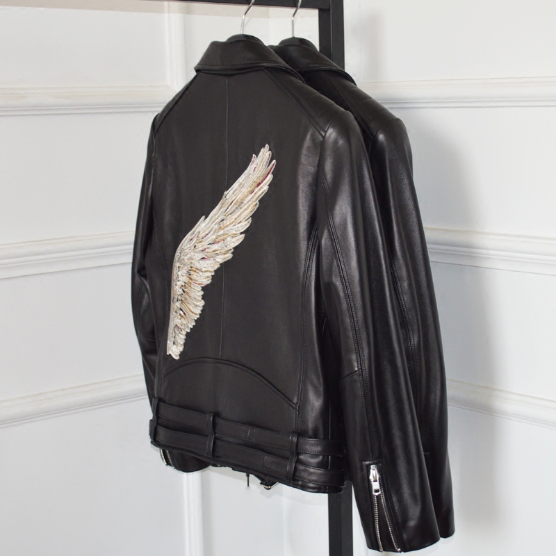 TrendMaybe明星同款海宁真皮皮衣翅膀图案刺绣机车皮夹克情侣外套