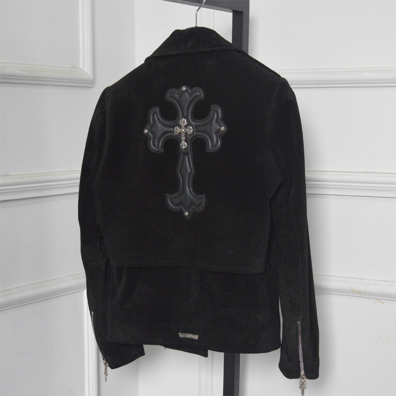 TrendMaybe自主设计反绒A级牛皮磨砂真皮皮衣十字架机车夹克外套