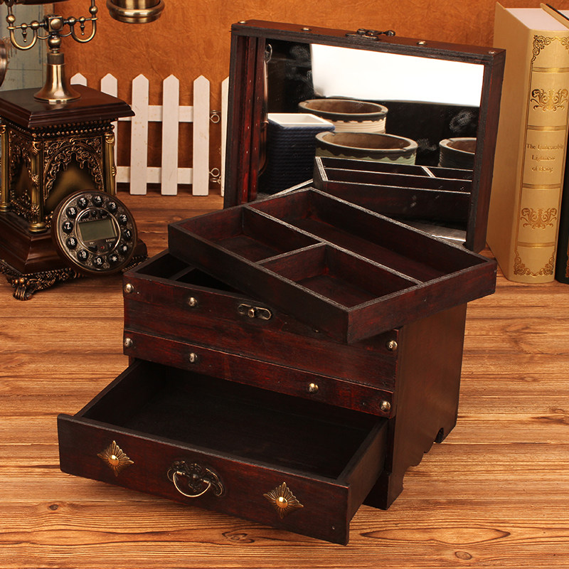 创意带锁复古梳妆盒带镜子木质耳环耳钉化妆收纳盒首饰盒礼物盒子
