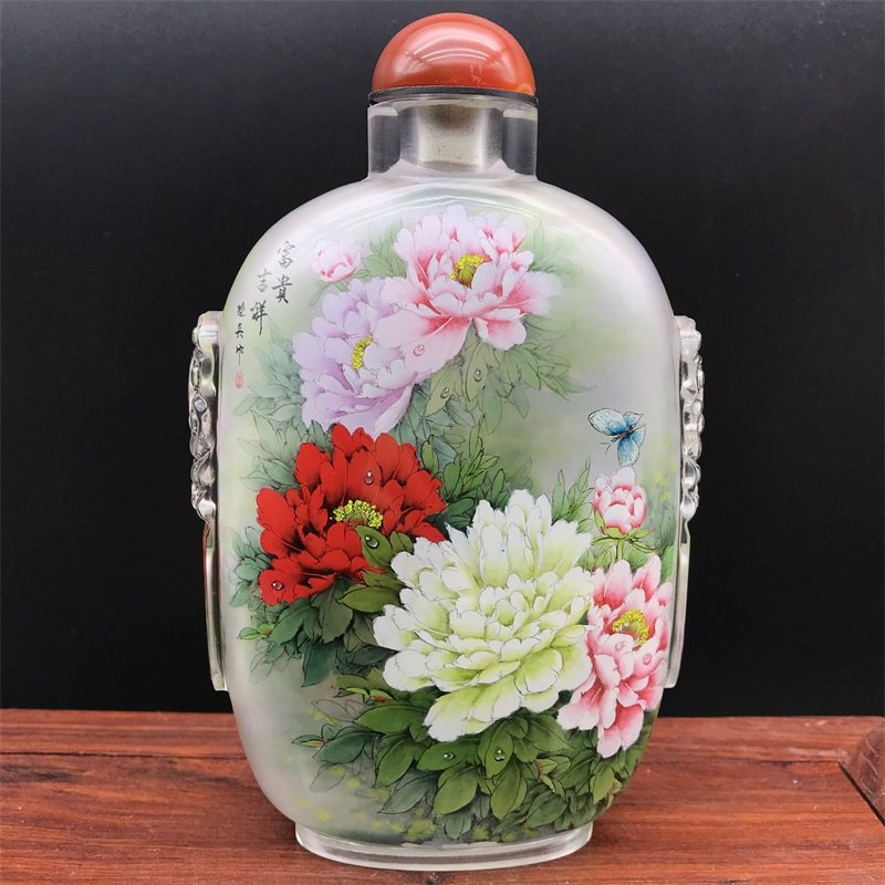 瓶内内画鼻烟壶雕刻兽头水晶手绘特色收藏摆件内画鼻烟壶