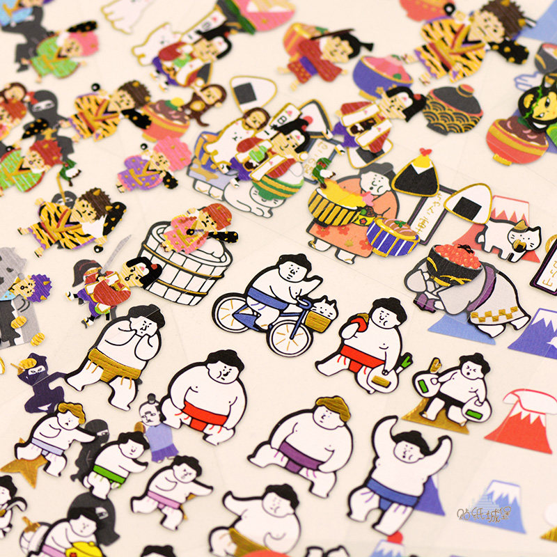 烫金贴纸和风富士山相扑手账素材日系儿童卡通贴纸