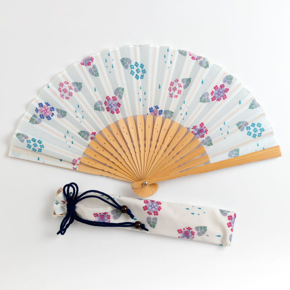 日本京都kyotofu华丽刺绣扇子折扇紫阳花付扇袋工艺扇