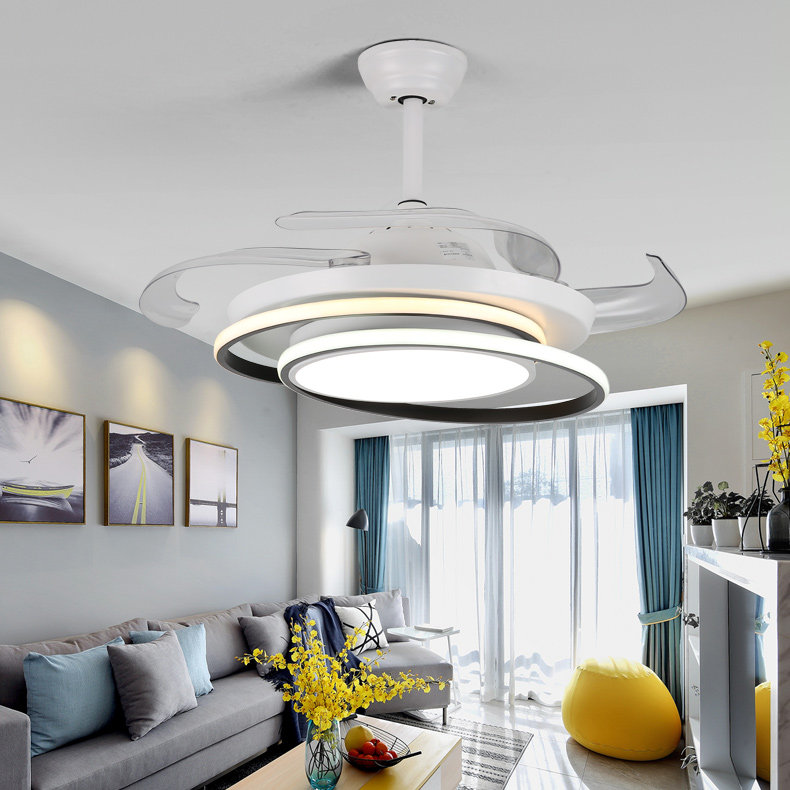 北欧风扇餐厅吊灯客厅带风扇可收缩饭厅风扇灯一体简约现代吊扇灯