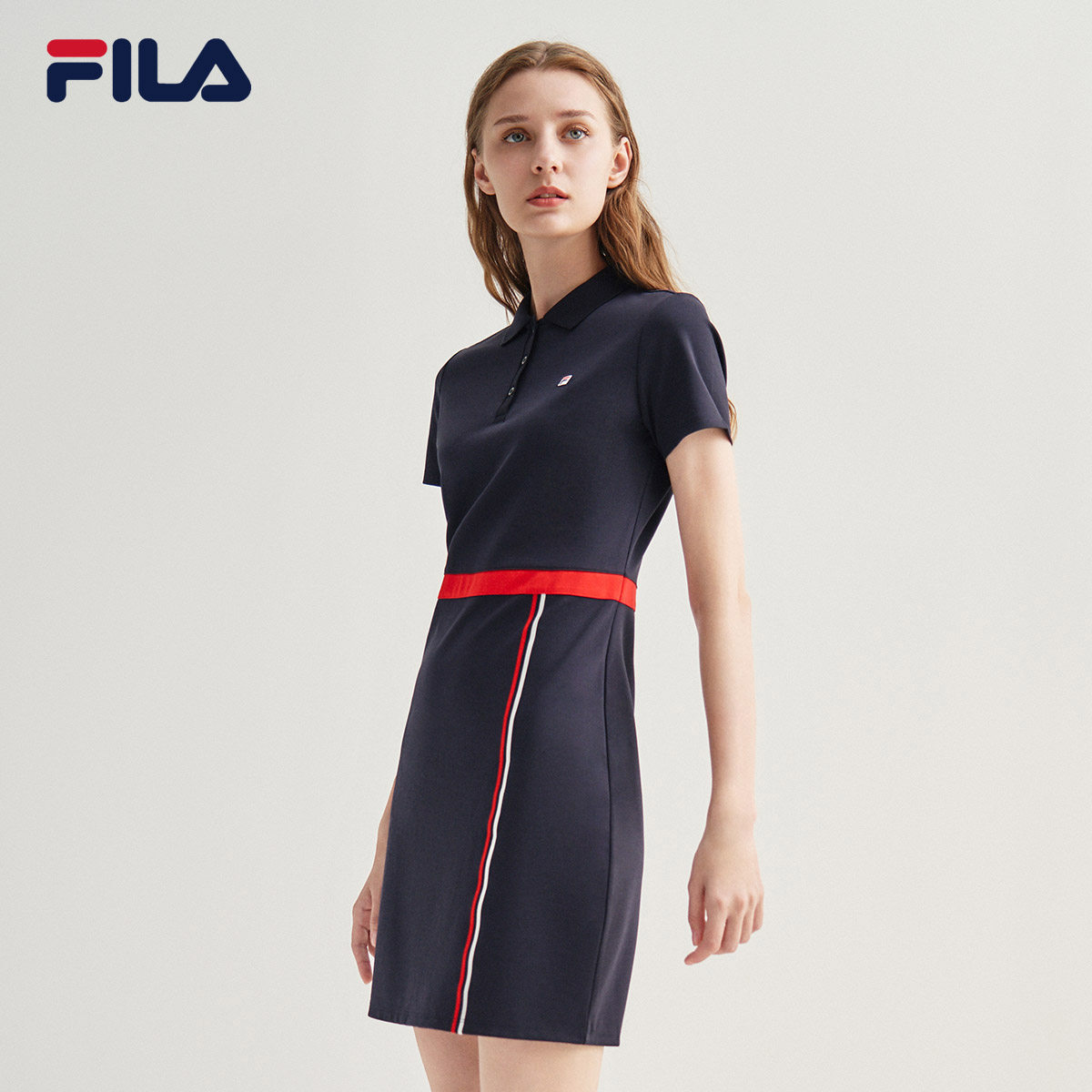 fila斐乐女子连衣裙2020秋季新款时尚运动polo针织运动连衣裙