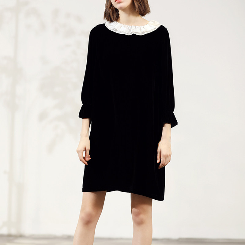 欧美七分洋装娃娃连衣裙丝绒真丝欧美时荷叶双层连衣裙