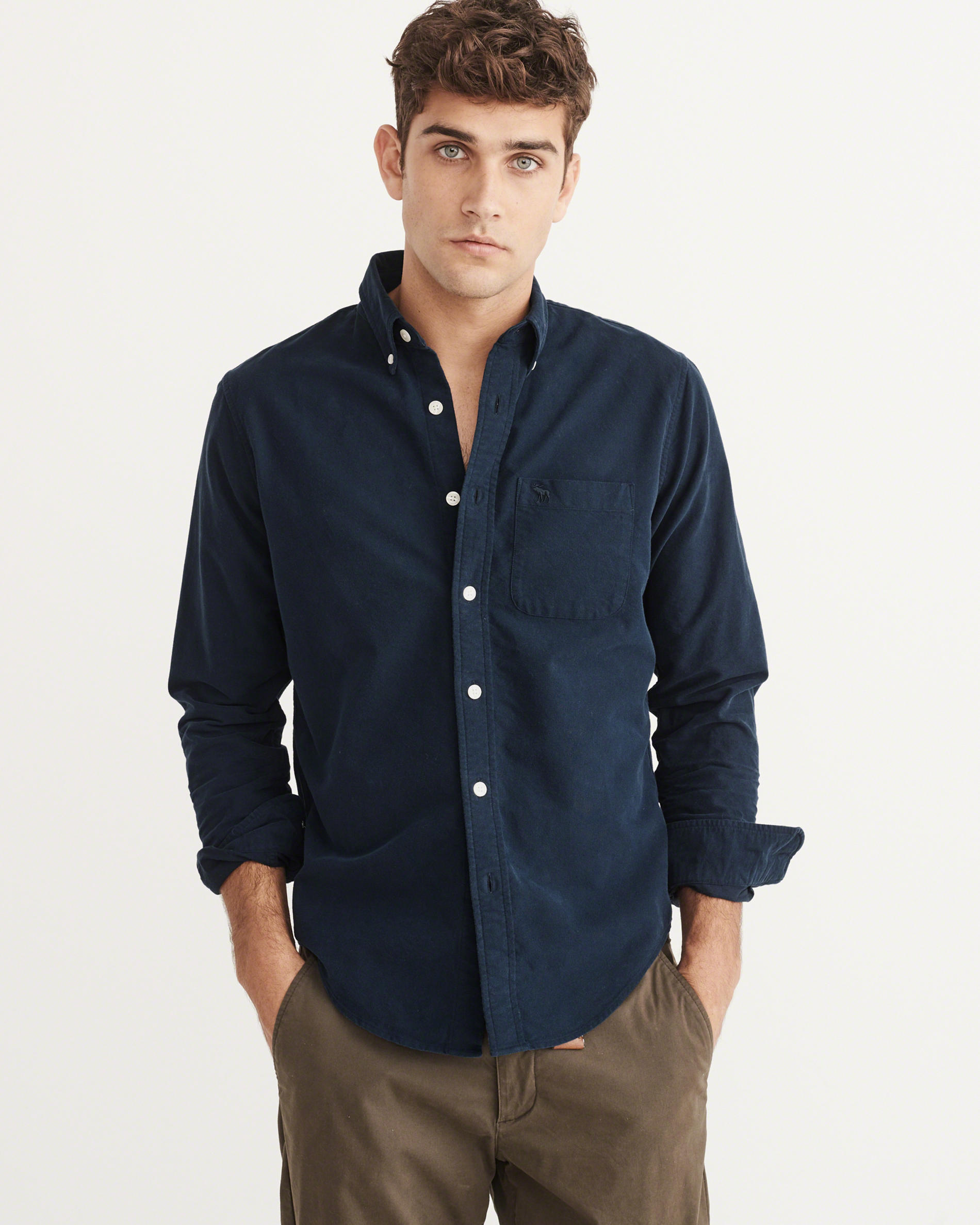 美国正品abercrombie fitch男af18款牛津纺衬衫修身休闲长袖衬衣