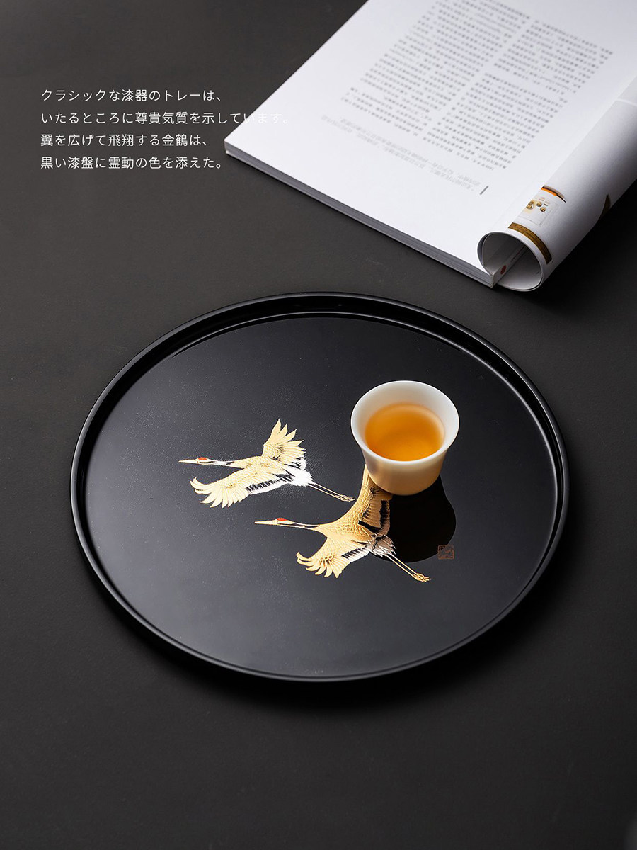 日本进口山中漆器手绘金箔双云云鹤大号圆形茶盘