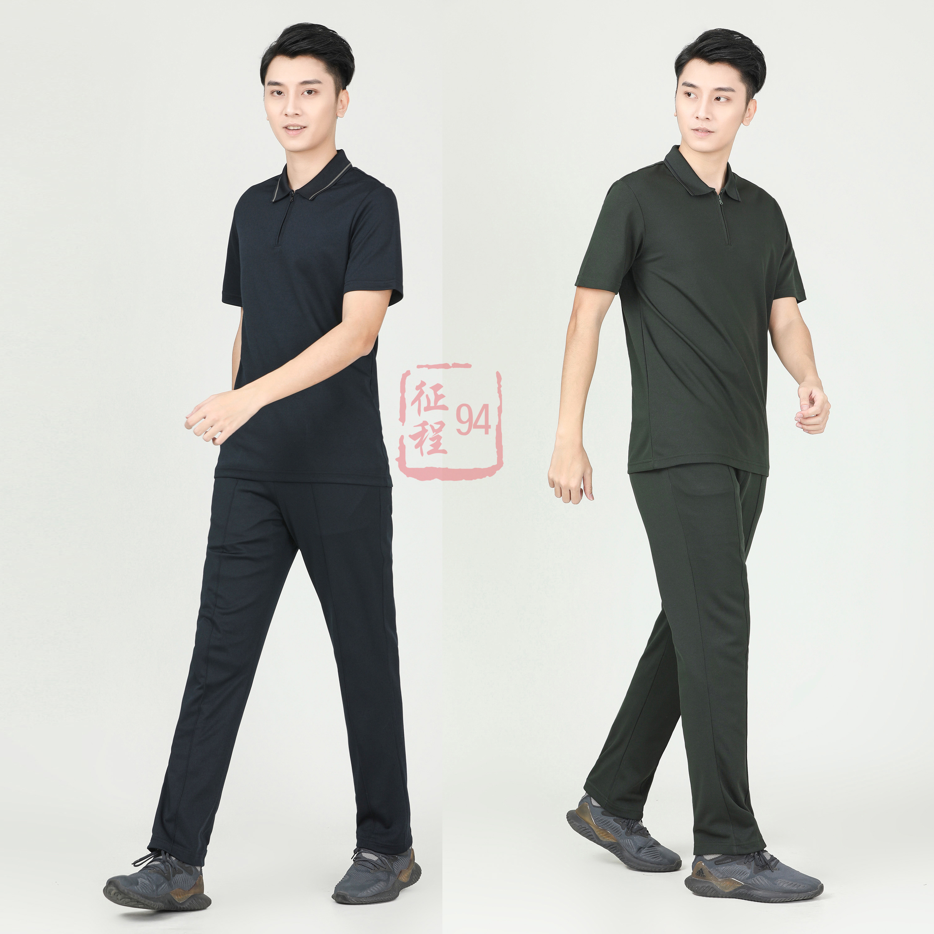 免烫短袖T恤运动套装翻领polo衫透气吸汗藏青男夏季长裤