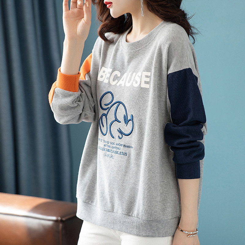 时尚圆领刺绣卫衣女宽松2022春装新款韩版大女装大码女装