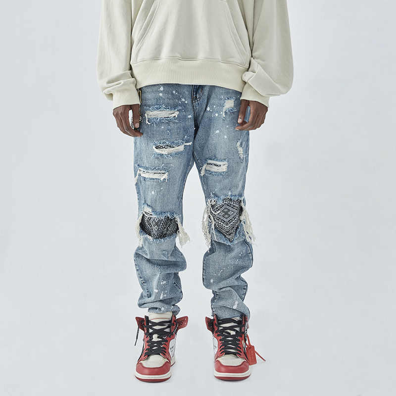 F2CE破洞裤洗水做旧腰果话贴布换布宽松男秋冬款直筒潮牌牛仔裤
