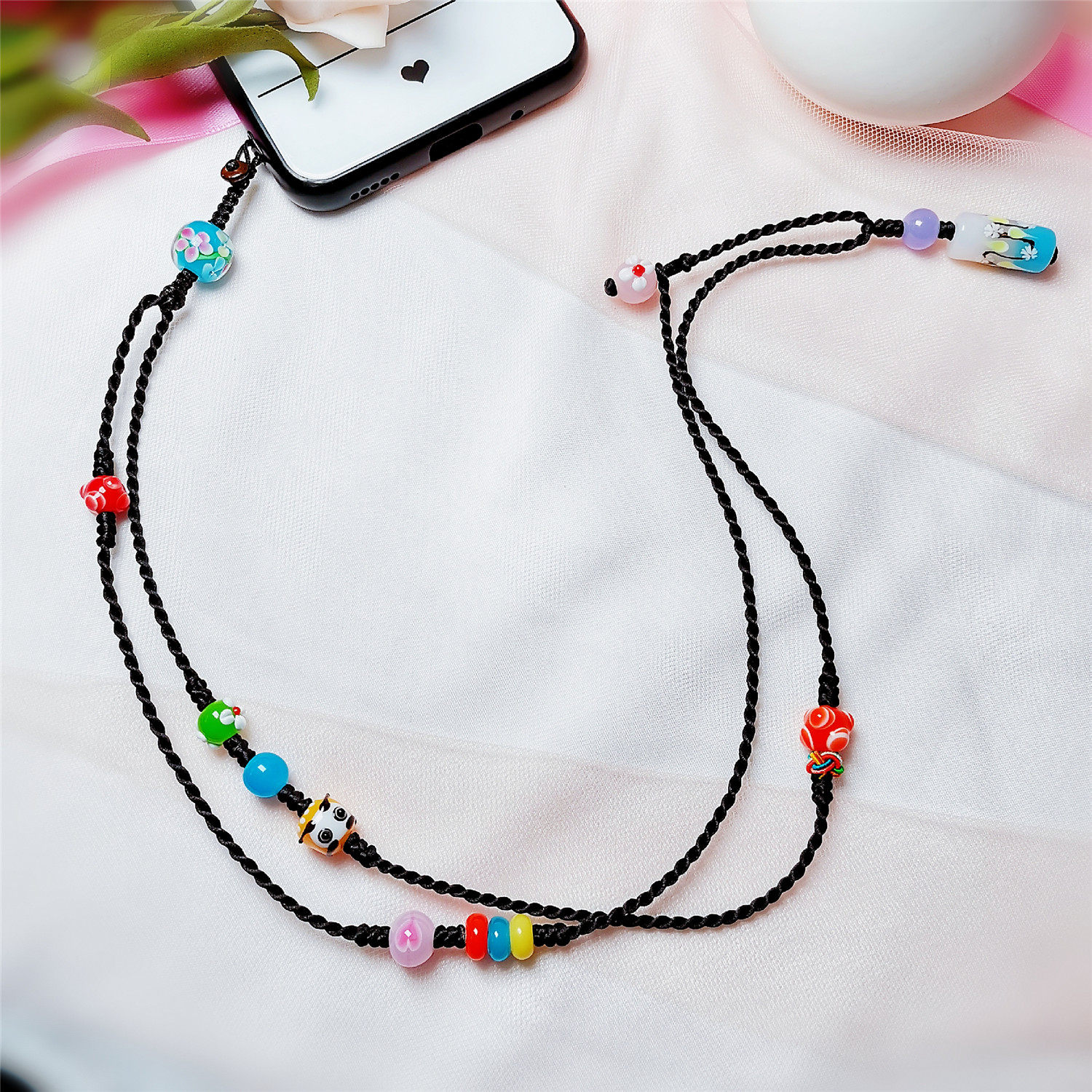 原创日式琉璃达摩六眼珠手机挂链挂绳女平安吉祥好运手编长款挂脖