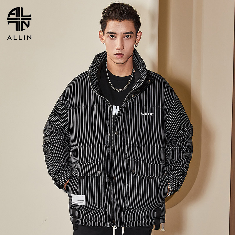 allin鹅绒条纹羽绒服男士冬季美式高街潮牌潮流羽绒服