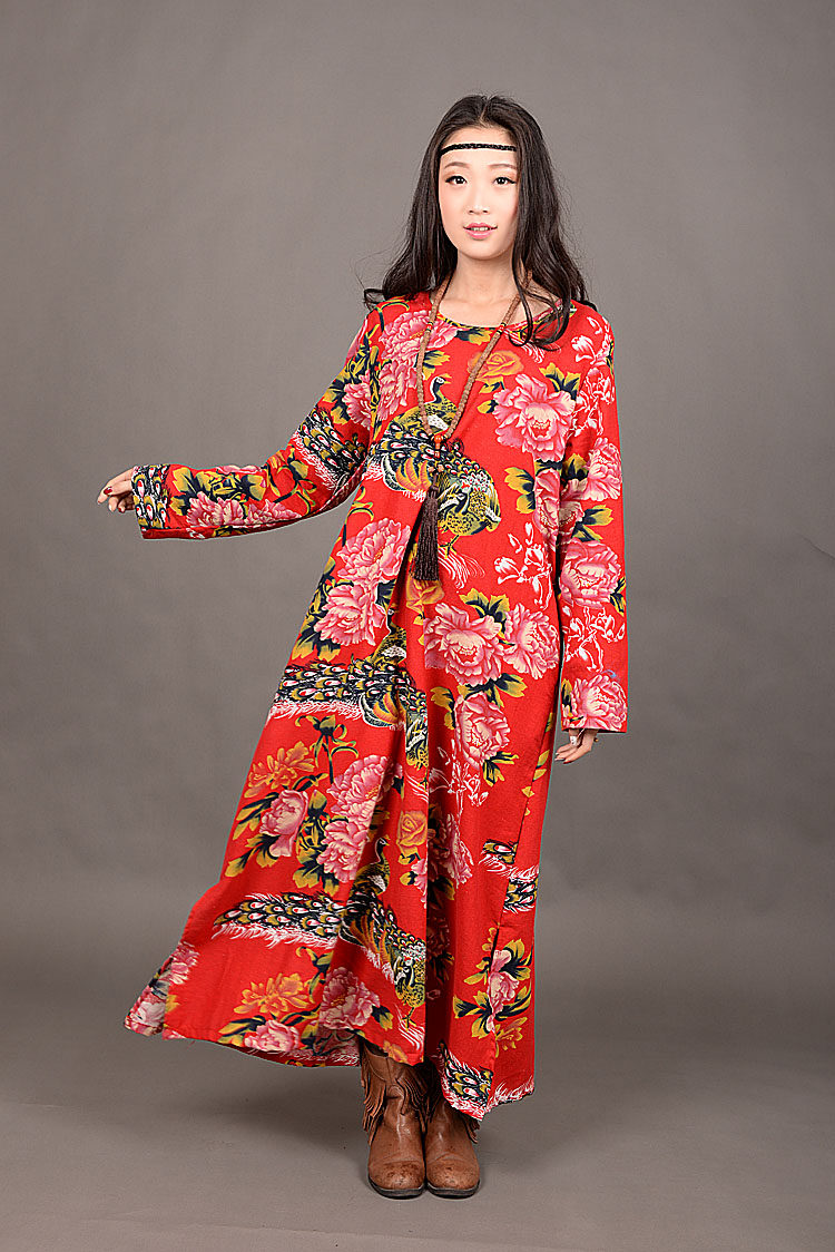 骨朵2019新款春装民族风老花布长袍连衣裙长袖袍子18934