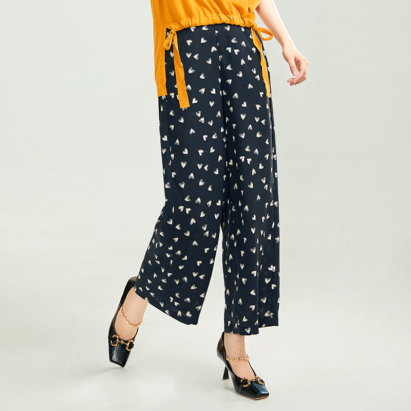 易菲夏薄款碎花印花宽松筒裤九分休闲裤女裤裤子休闲裤