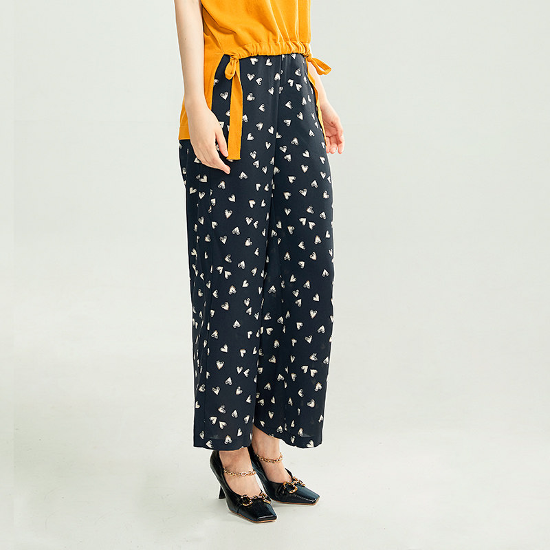 易菲夏薄款碎花印花宽松筒裤九分休闲裤女裤裤子休闲裤